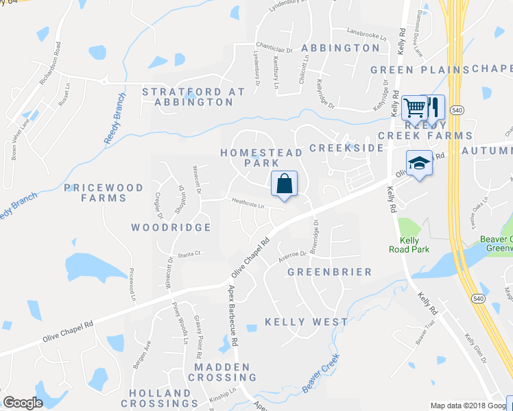 map of restaurants, bars, coffee shops, grocery stores, and more near Heathcote Lane in Apex