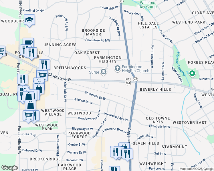 map of restaurants, bars, coffee shops, grocery stores, and more near 911 Raleigh Road Parkway West in Wilson