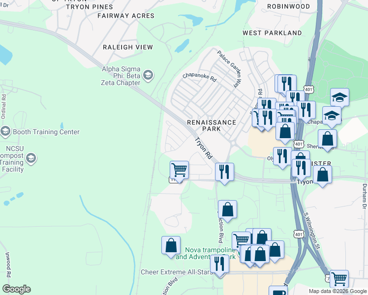 map of restaurants, bars, coffee shops, grocery stores, and more near 653 Cupola Drive in Raleigh