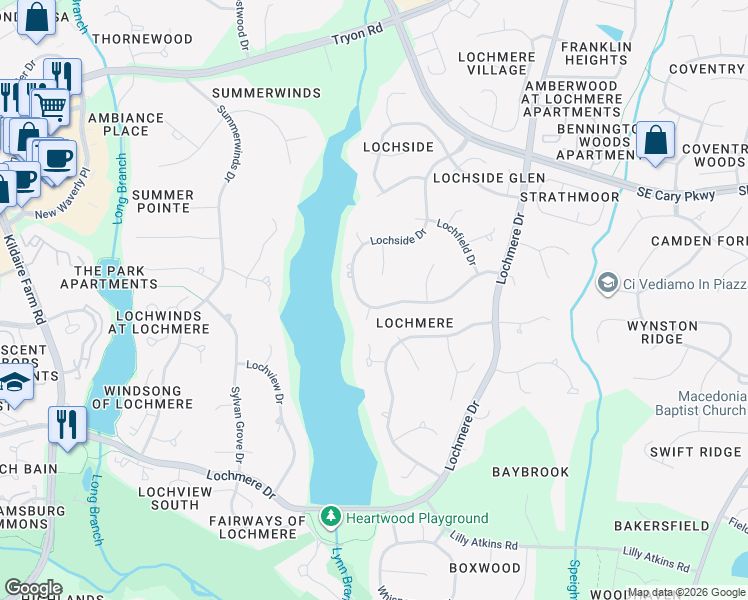 map of restaurants, bars, coffee shops, grocery stores, and more near 309 Lochside Drive in Cary