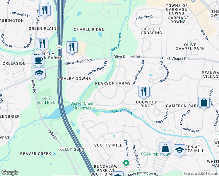 map of restaurants, bars, coffee shops, grocery stores, and more near 1404 Hillcroft Court in Apex
