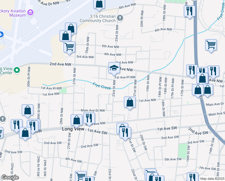 map of restaurants, bars, coffee shops, grocery stores, and more near 123 23rd Street Northwest in Hickory