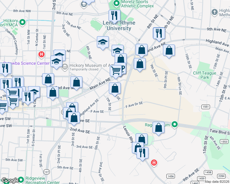 map of restaurants, bars, coffee shops, grocery stores, and more near 820 Highland Avenue Southeast in Hickory