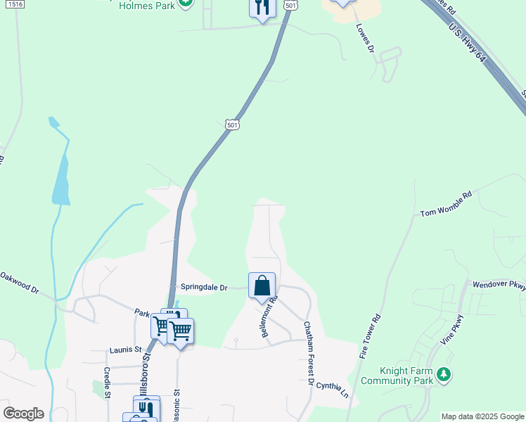 map of restaurants, bars, coffee shops, grocery stores, and more near 59 Bellemont Ridge Road in Pittsboro