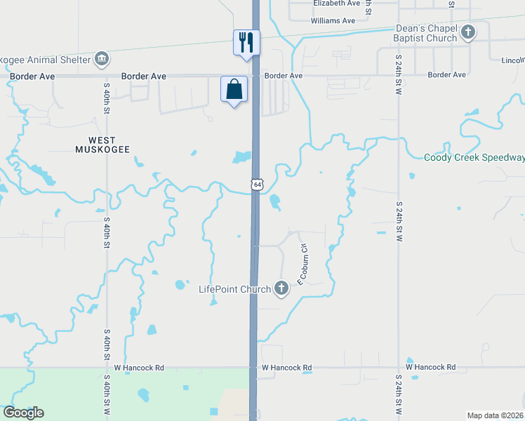 map of restaurants, bars, coffee shops, grocery stores, and more near 1724 South 32nd Street in Muskogee
