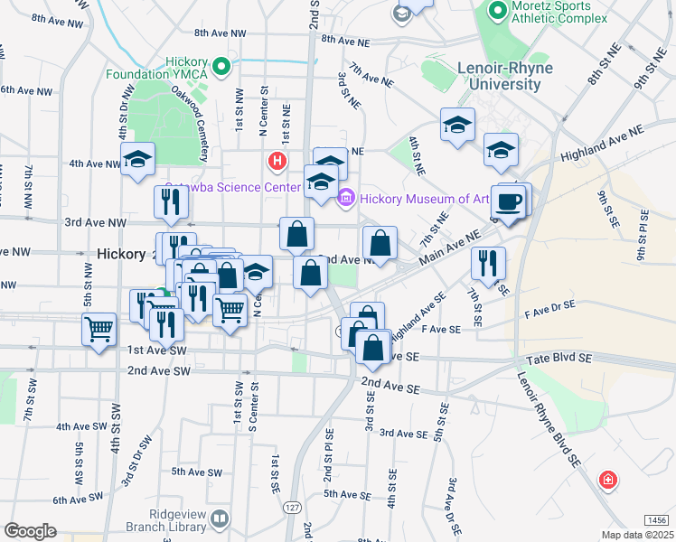 map of restaurants, bars, coffee shops, grocery stores, and more near 125 3rd Street Northeast in Hickory