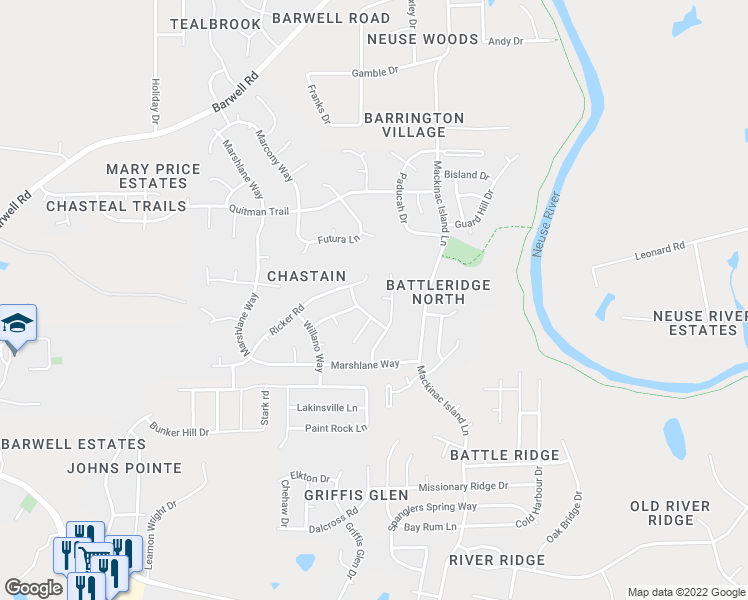 map of restaurants, bars, coffee shops, grocery stores, and more near 3417 Kernstown Drive in Raleigh