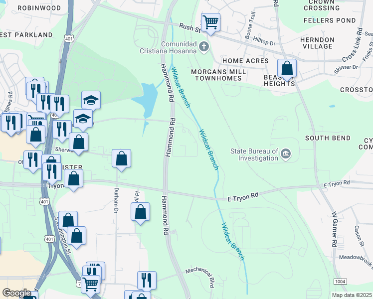 map of restaurants, bars, coffee shops, grocery stores, and more near 3301 Hammond Road in Raleigh