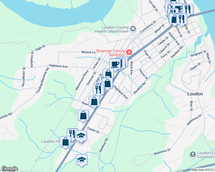 map of restaurants, bars, coffee shops, grocery stores, and more near 854 Mulberry Street in Loudon
