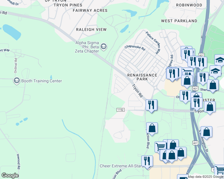 map of restaurants, bars, coffee shops, grocery stores, and more near 421 Resplendent Place in Raleigh