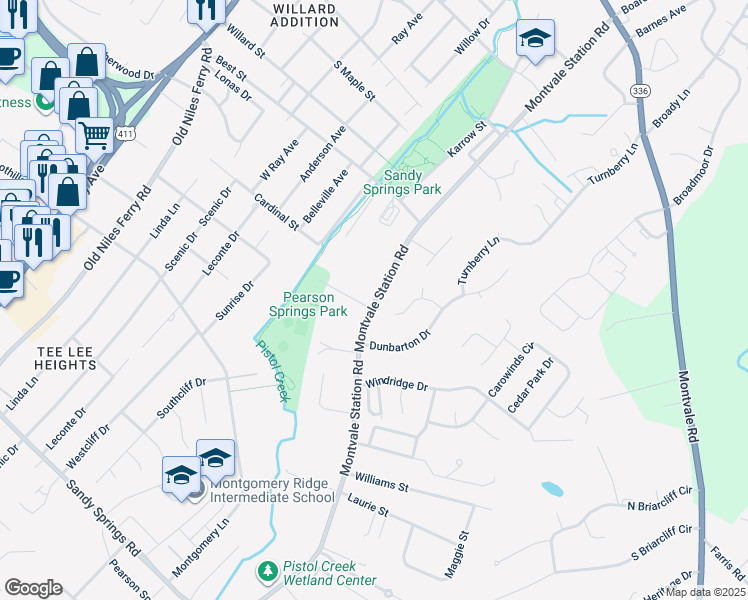 map of restaurants, bars, coffee shops, grocery stores, and more near 1467 Montvale Station Road in Maryville