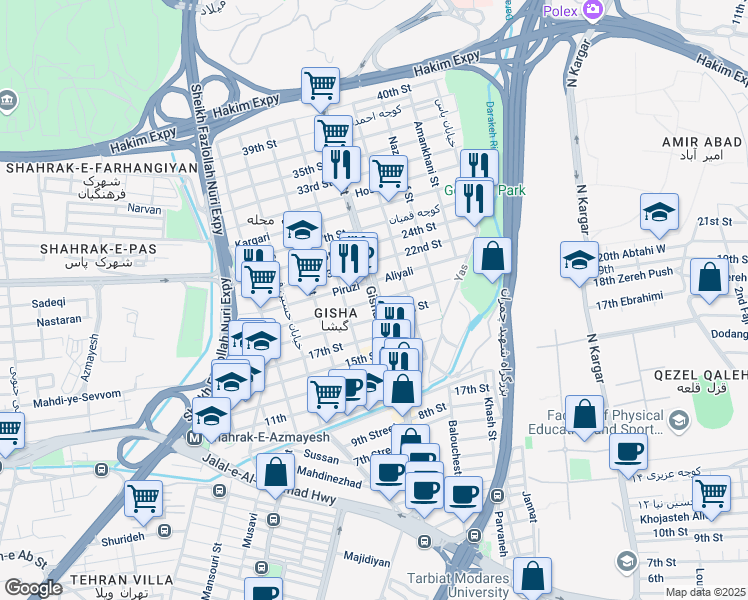 map of restaurants, bars, coffee shops, grocery stores, and more near Gisha Street in Tehran