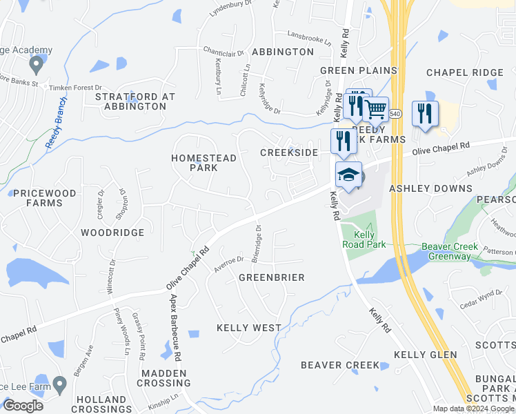 map of restaurants, bars, coffee shops, grocery stores, and more near 103 Homestead Park Drive in Apex