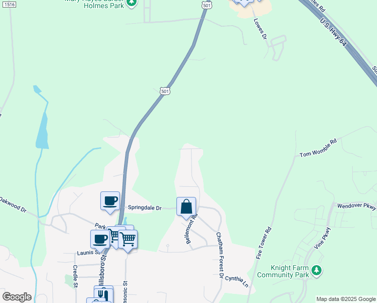 map of restaurants, bars, coffee shops, grocery stores, and more near 59 Bellemont Ridge Road in Pittsboro