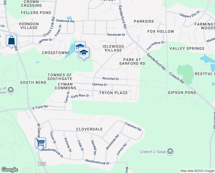 map of restaurants, bars, coffee shops, grocery stores, and more near 1332 Ujamaa Drive in Raleigh