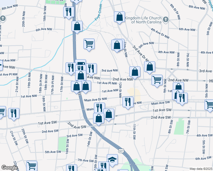 map of restaurants, bars, coffee shops, grocery stores, and more near 1319 1st Avenue Place Northwest in Hickory