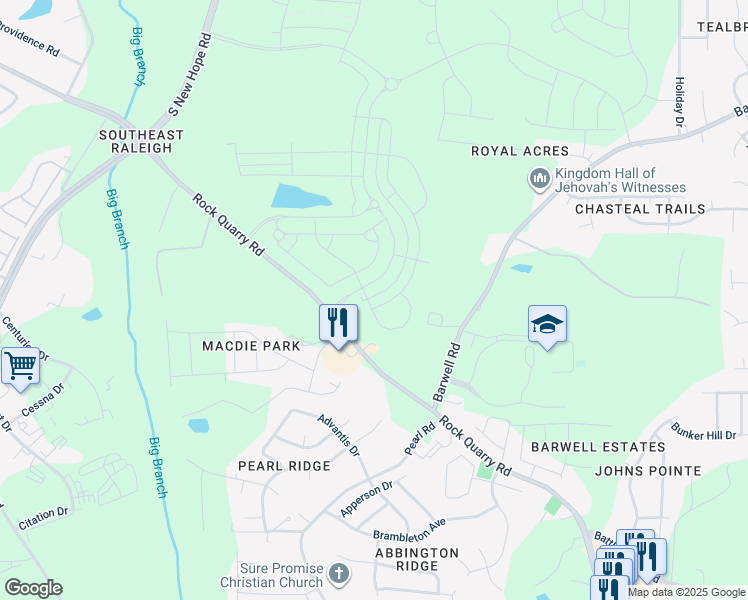 map of restaurants, bars, coffee shops, grocery stores, and more near 2634 Lignite Trail in Raleigh