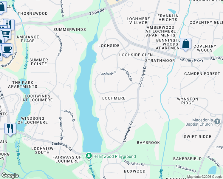 map of restaurants, bars, coffee shops, grocery stores, and more near 105 Rustic Wood Lane in Cary