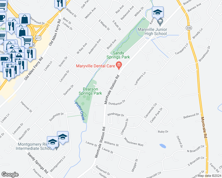 map of restaurants, bars, coffee shops, grocery stores, and more near 1463 Montvale Station Road in Maryville