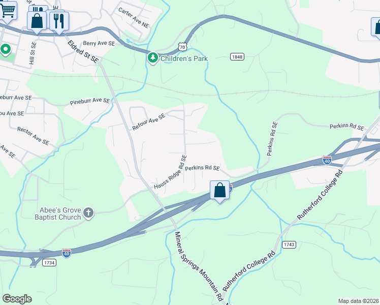 map of restaurants, bars, coffee shops, grocery stores, and more near 301 Hauss Ridge Rd SE in Valdese