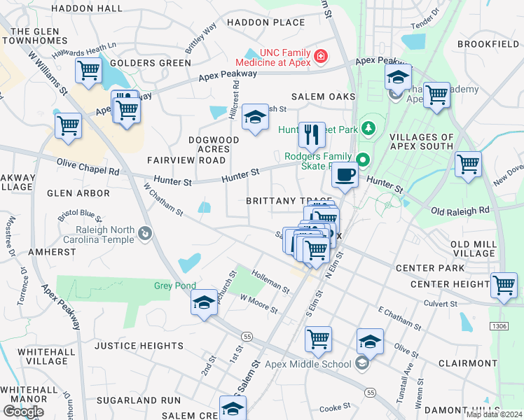 map of restaurants, bars, coffee shops, grocery stores, and more near 900 Woodbriar Street in Apex