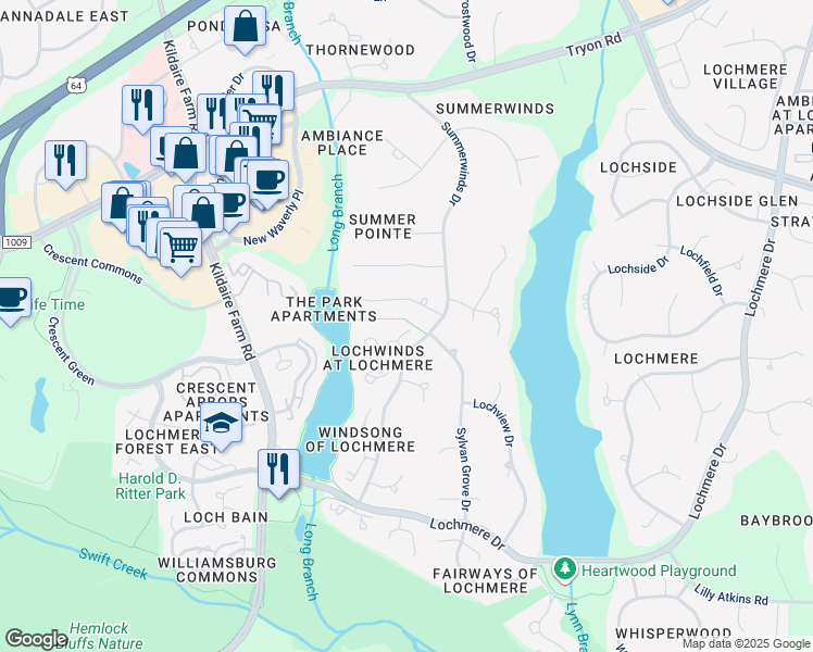 map of restaurants, bars, coffee shops, grocery stores, and more near 105 Blowingrock Lane in Cary