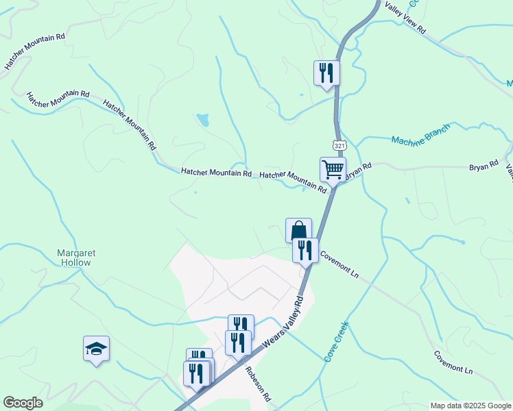 map of restaurants, bars, coffee shops, grocery stores, and more near 3068 Hatcher Mountain Road in Sevierville