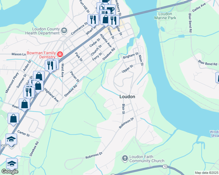map of restaurants, bars, coffee shops, grocery stores, and more near 641 Clyde Street in Loudon