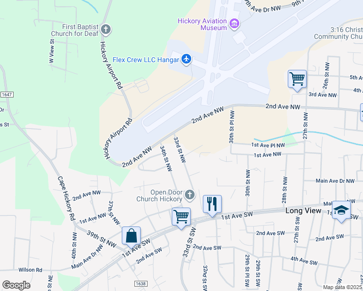 map of restaurants, bars, coffee shops, grocery stores, and more near 198 33rd Street Northwest in Hickory
