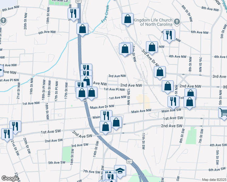 map of restaurants, bars, coffee shops, grocery stores, and more near 1319 1st Avenue Place Northwest in Hickory