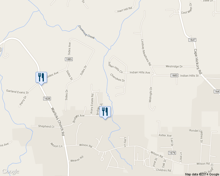 map of restaurants, bars, coffee shops, grocery stores, and more near 9215 Apache Drive in Hickory