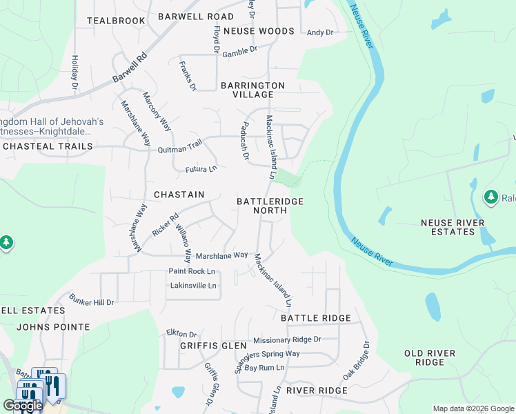 map of restaurants, bars, coffee shops, grocery stores, and more near 3420 Mackinac Island Lane in Raleigh
