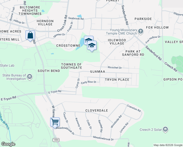 map of restaurants, bars, coffee shops, grocery stores, and more near 1119 Ujamaa Drive in Raleigh