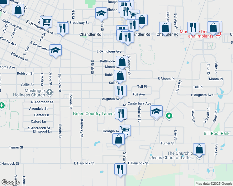 map of restaurants, bars, coffee shops, grocery stores, and more near 426 South Washington Street in Muskogee