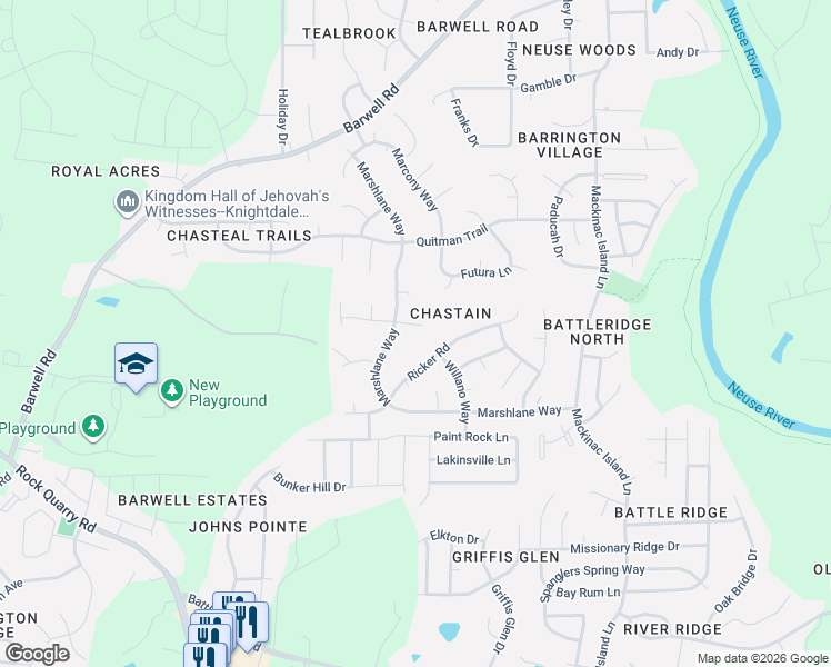 map of restaurants, bars, coffee shops, grocery stores, and more near 5925 Wessel Way in Raleigh