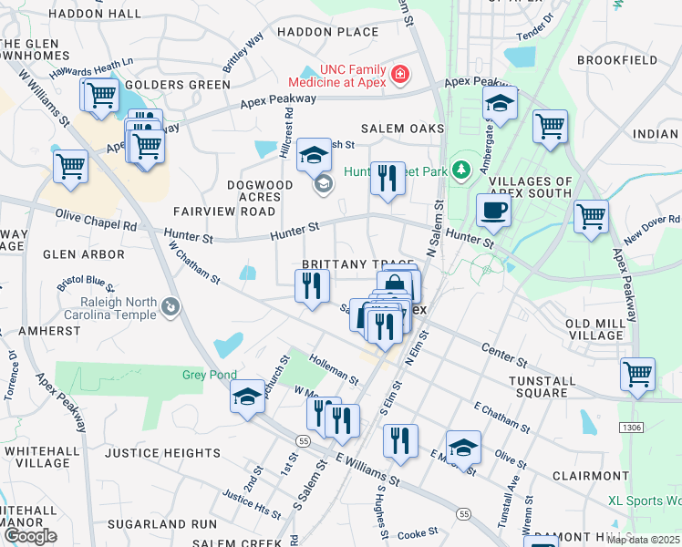 map of restaurants, bars, coffee shops, grocery stores, and more near 1000 Woodbriar Street in Apex