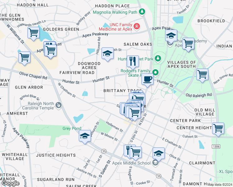 map of restaurants, bars, coffee shops, grocery stores, and more near 1000 Woodbriar Street in Apex