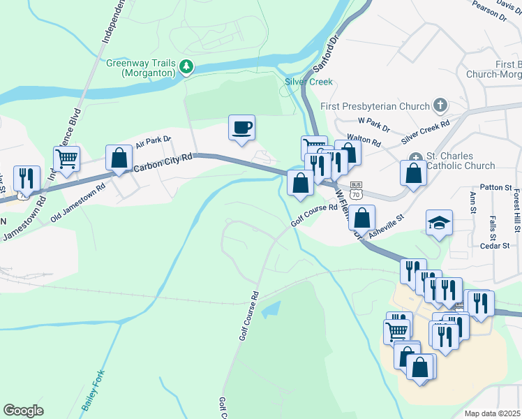 map of restaurants, bars, coffee shops, grocery stores, and more near Creekside Drive in Morganton