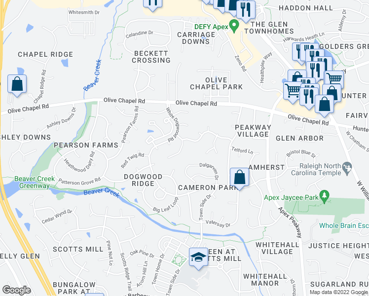 map of restaurants, bars, coffee shops, grocery stores, and more near 1210 Tartarian Trail in Apex