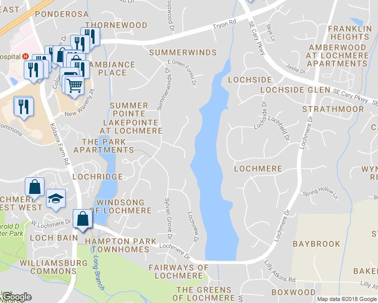 map of restaurants, bars, coffee shops, grocery stores, and more near 113 Loch Vale Lane in Cary