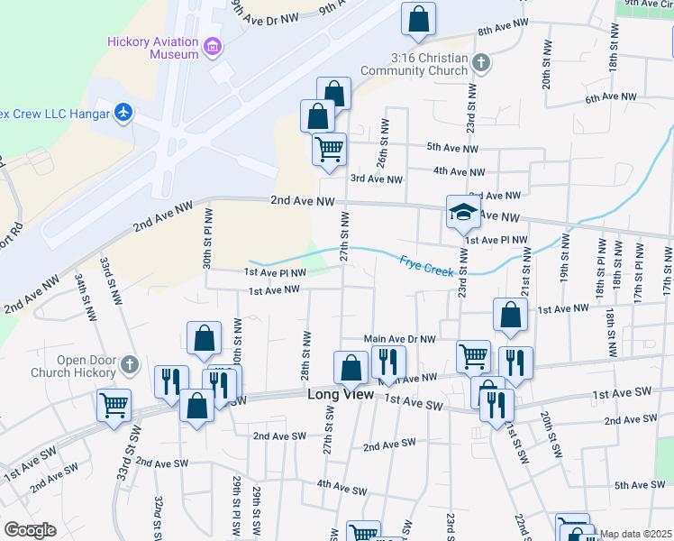 map of restaurants, bars, coffee shops, grocery stores, and more near 125 27th Street Northwest in Hickory