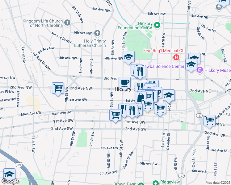 map of restaurants, bars, coffee shops, grocery stores, and more near 425 2nd Avenue Northwest in Hickory