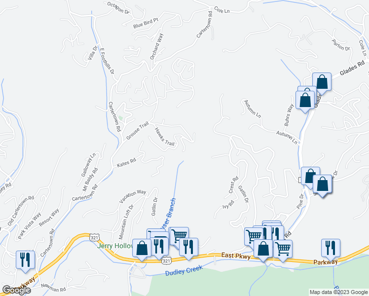 map of restaurants, bars, coffee shops, grocery stores, and more near 507 Eagle Trail in Gatlinburg