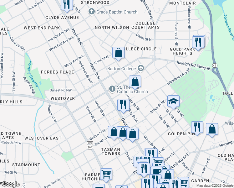 map of restaurants, bars, coffee shops, grocery stores, and more near 107 Rountree Street Northeast in Wilson