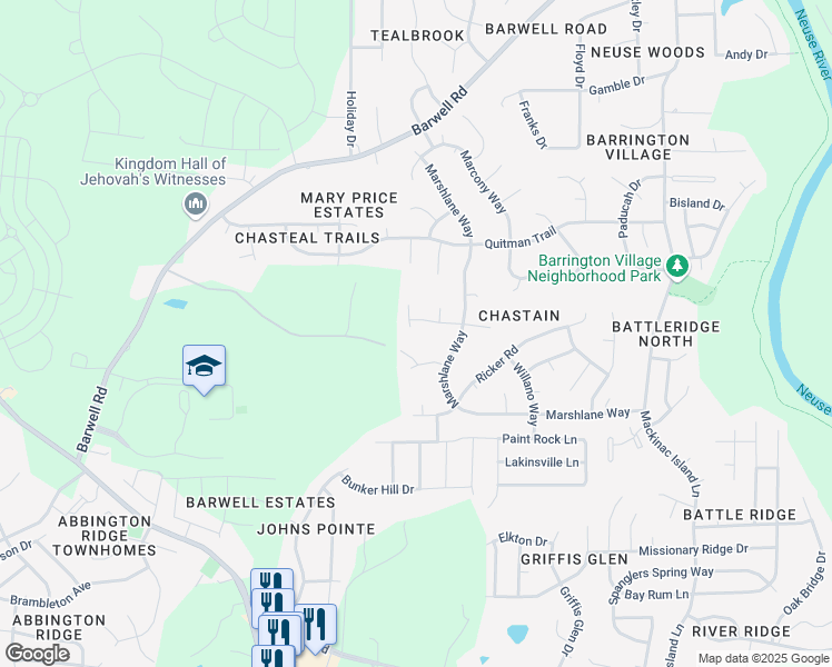 map of restaurants, bars, coffee shops, grocery stores, and more near 3409 Asgar Court in Raleigh