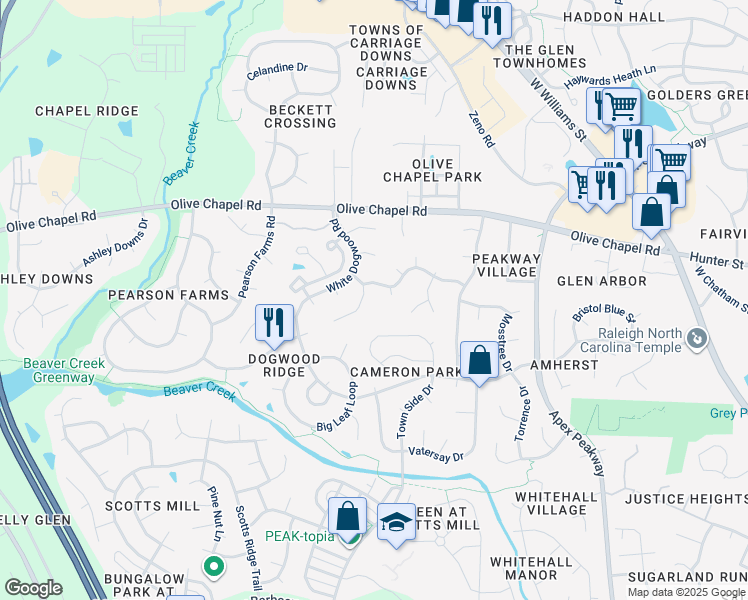 map of restaurants, bars, coffee shops, grocery stores, and more near 1210 Tartarian Trail in Apex