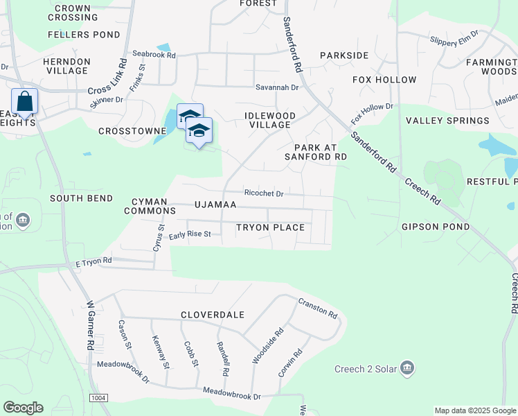 map of restaurants, bars, coffee shops, grocery stores, and more near 1336 Ujamaa Drive in Raleigh