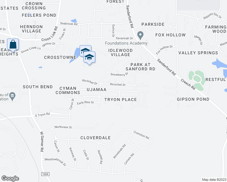 map of restaurants, bars, coffee shops, grocery stores, and more near 1332 Ujamaa Drive in Raleigh