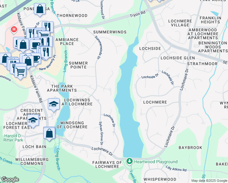 map of restaurants, bars, coffee shops, grocery stores, and more near 113 Loch Vale Lane in Cary