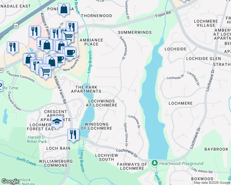 map of restaurants, bars, coffee shops, grocery stores, and more near 103 Loch Haven Lane in Cary